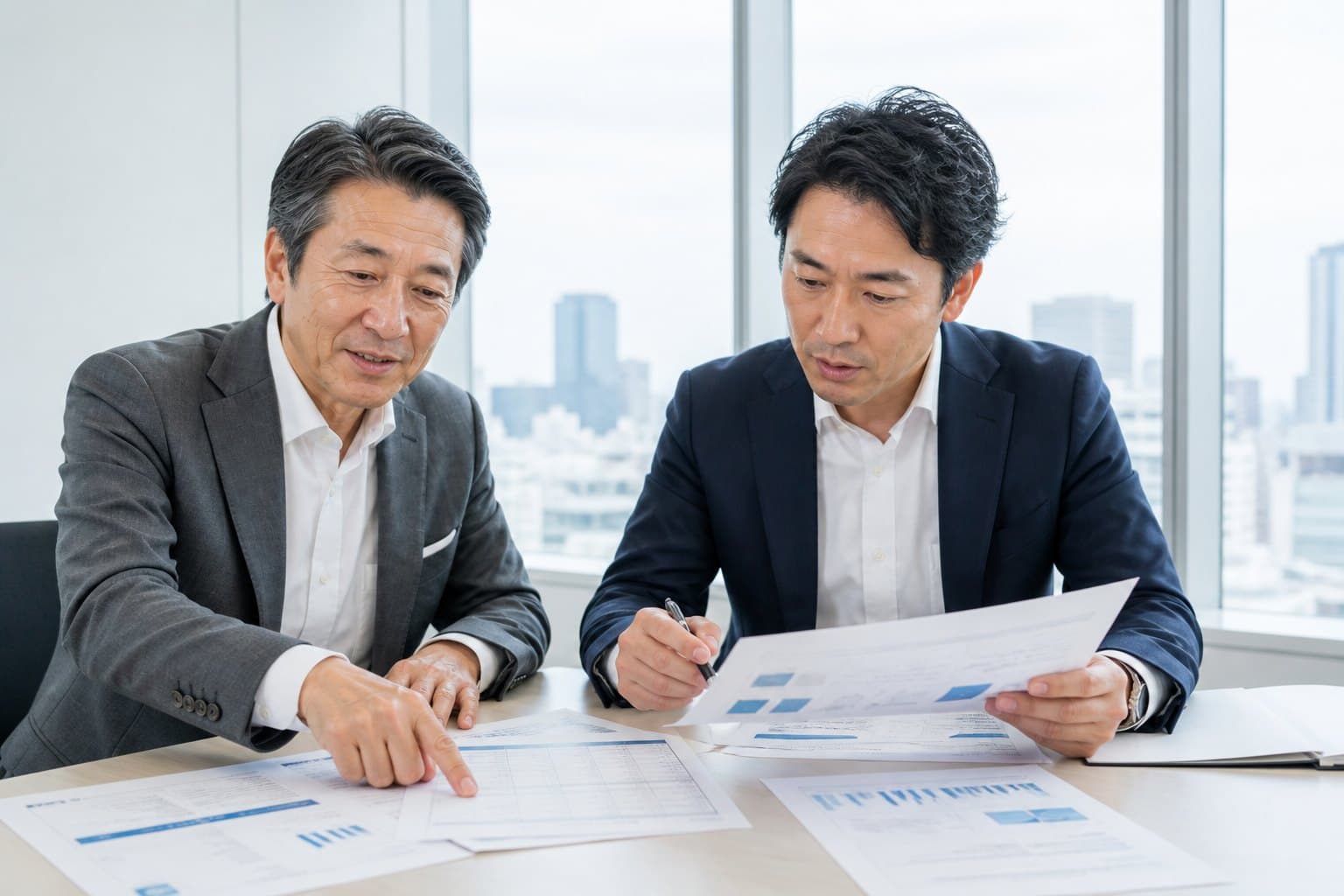 資料を広げてアプローチ先を検討する顧問と経営者