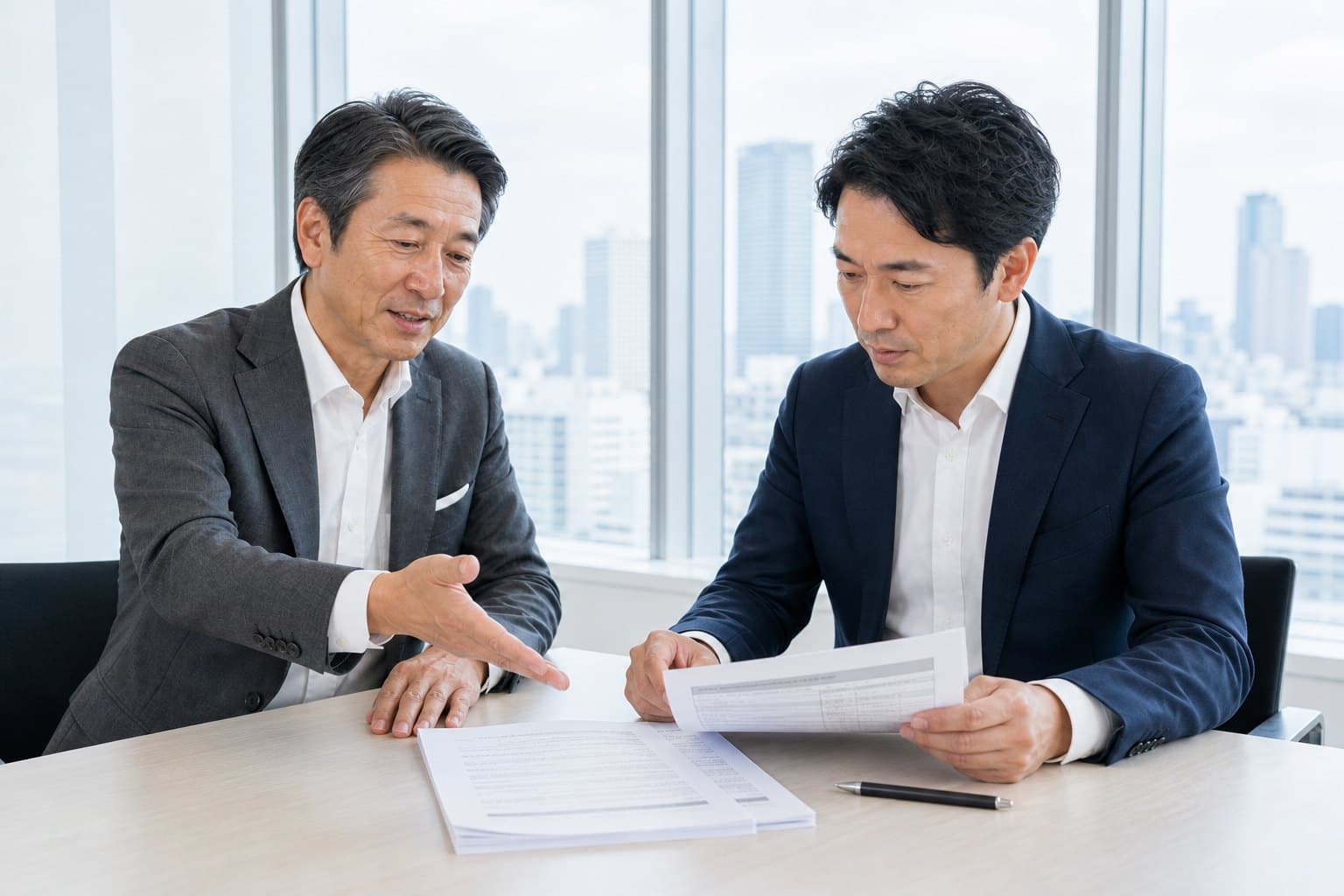 会議室で条件のすり合わせを進める顧問と経営者